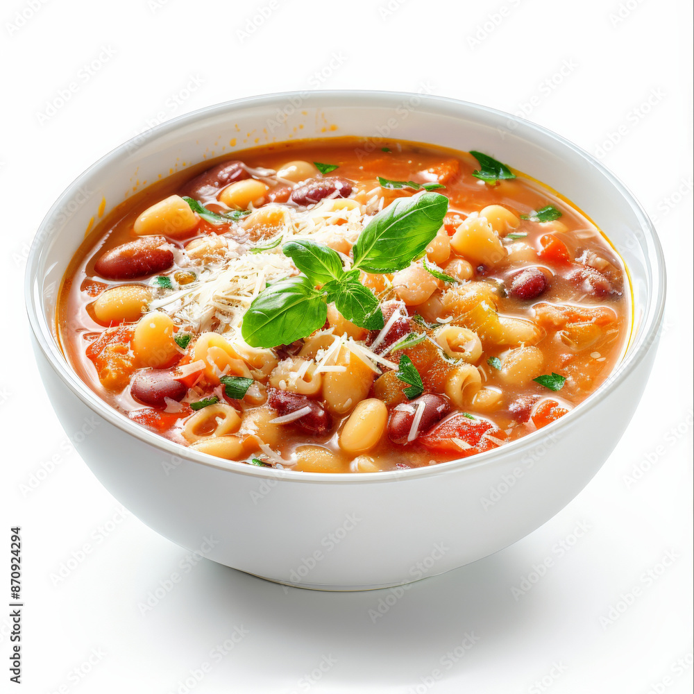 A bowl of Italian pasta e fagioli, a hearty soup with pasta, beans, tomatoes, and herbs, garnished with grated Parmesan, isolated on white background. A bowl of Italian pasta e fagioli, a hearty soup with pasta, beans, tomatoes, and herbs, garnished with grated Parmesan, isolated on white background.