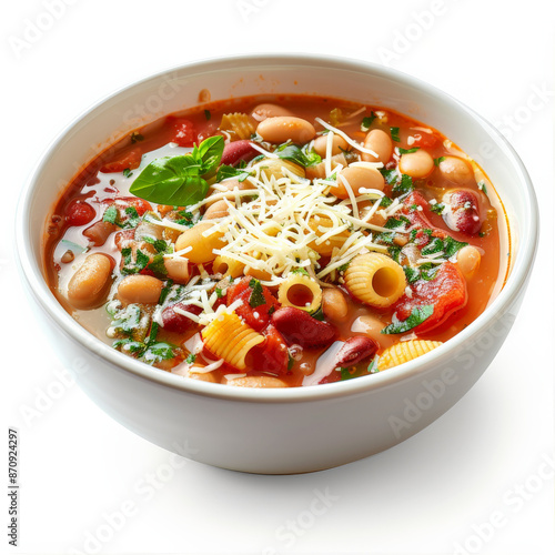 A bowl of Italian pasta e fagioli, a hearty soup with pasta, beans, tomatoes, and herbs, garnished with grated Parmesan, isolated on white background.