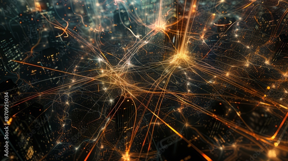 Visualize the inner workings of a neural network as a sprawling metropolis, with neurons and synapses transformed into buildings, roads, and bridges Visualize the inner workings of a neural network as a sprawling metropolis, with neurons and synapses transformed into buildings, roads, and bridges
