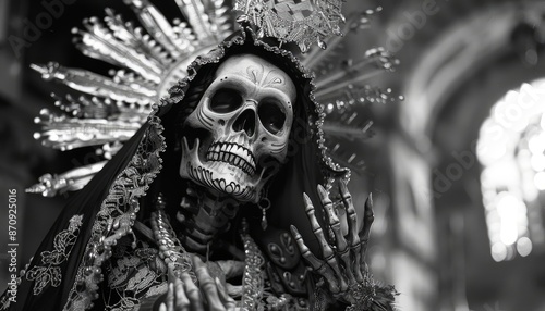 Portrait on santa muerte with black and white colors on face. Celebrate mexicans day of the dead