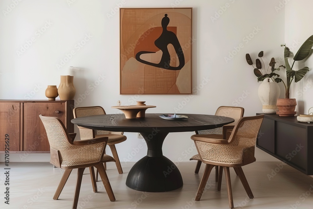 Fototapeta premium A black round table with four chairs around it and a painting on the wall