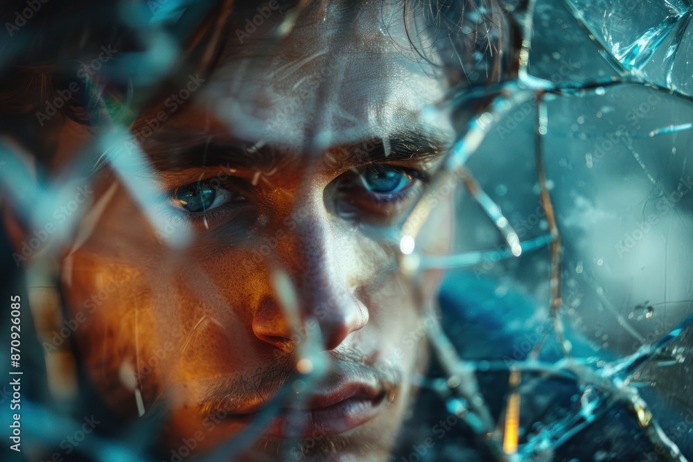 Portrait of a young, sad man against the background of broken glass. ai generative Portrait of a young, sad man against the background of broken glass. ai generative