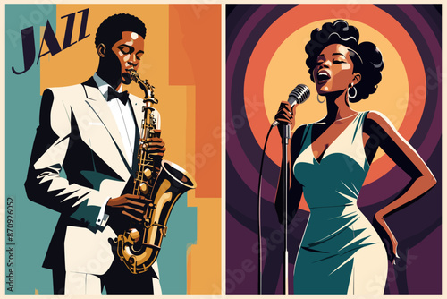 Set of Jazz festival vintage style posters. African american man in a tuxedo suit playing a saxophone and beautiful black woman singing with microphone. Vector illustration.