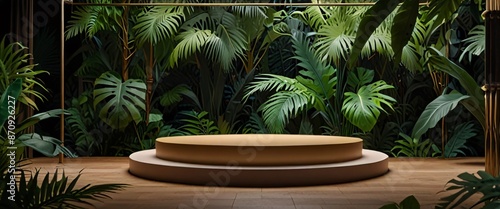 Empty podium for top product display showcase stage with tropical lush jungle leaves background display product. Background for cosmetic product branding, identity and packaging inspiration © ezra