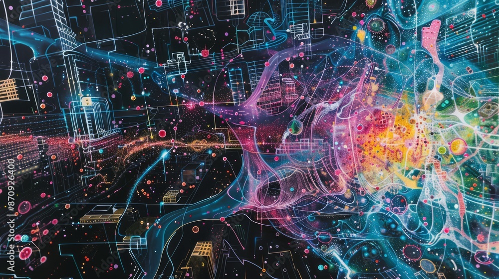 Visualize the inner workings of a neural network as a sprawling metropolis, with neurons and synapses transformed into buildings, roads, and bridges Visualize the inner workings of a neural network as a sprawling metropolis, with neurons and synapses transformed into buildings, roads, and bridges