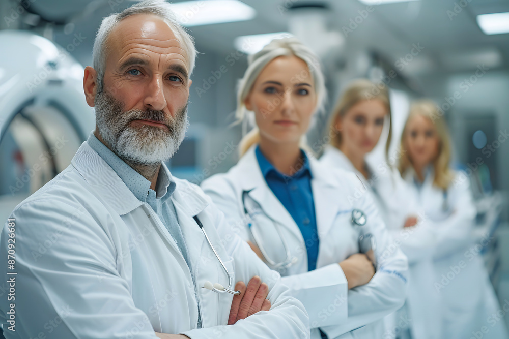 Medical team of professionals standing confidently in a modern hospital, showcasing expertise and teamwork in healthcare. Medical team of professionals standing confidently in a modern hospital, showcasing expertise and teamwork in healthcare.