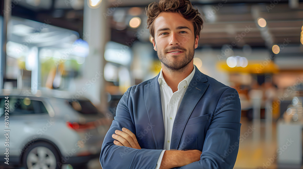 Fototapeta premium Confident young professional in a car dealership showroom. Businessman standing with arms crossed, smiling and looking at the camera