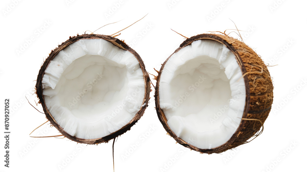 Fresh coconut split in half on white background or PNG Fresh coconut split in half on white background or PNG