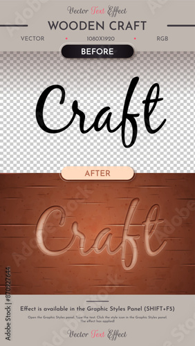 Wooden Craft Editable Text Effect, Graphic Style. Vector Mockup and Template. Slogan and Brand Company.