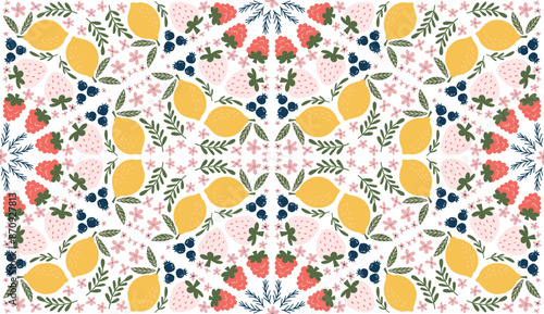 Playful seamless pattern featuring illustrations of lemons, raspberries, blueberries, white strawberries, pink flowers, and green leaves, arranged in a diamond-shaped design. Modern, organic vector