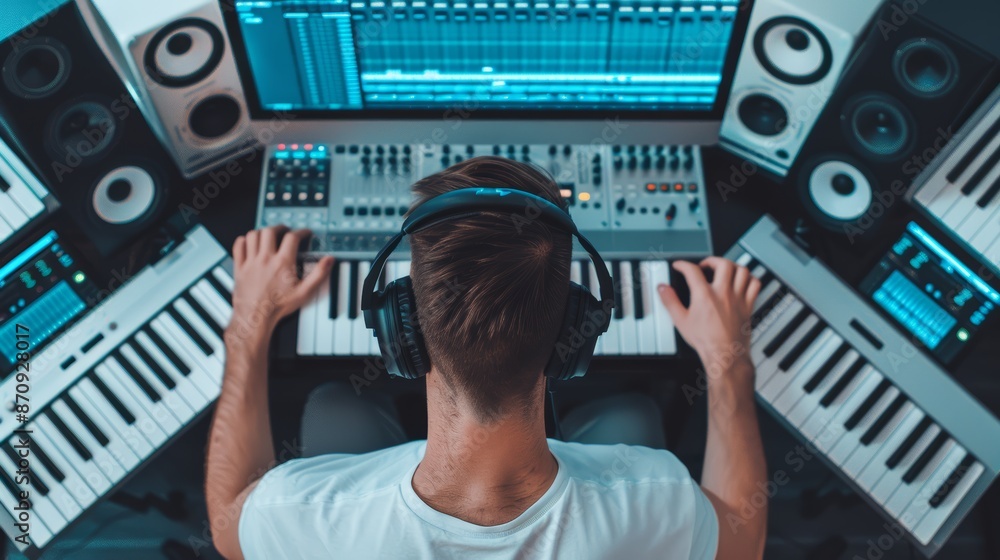 Music producer in a modern studio surrounded by state-of-the-art equipment, musical inspiration, production gear Music producer in a modern studio surrounded by state-of-the-art equipment, musical inspiration, production gear