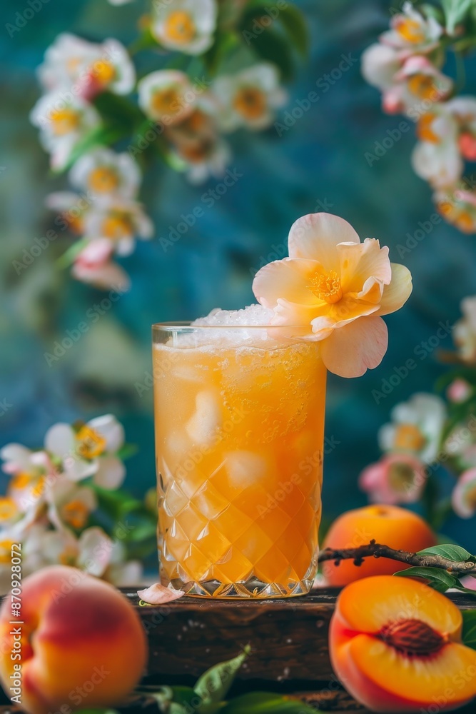 Peach Moonshine. Peach iced tea with ice cubes in a glass on a wooden table. Peach Moonshine. Peach iced tea with ice cubes in a glass on a wooden table.