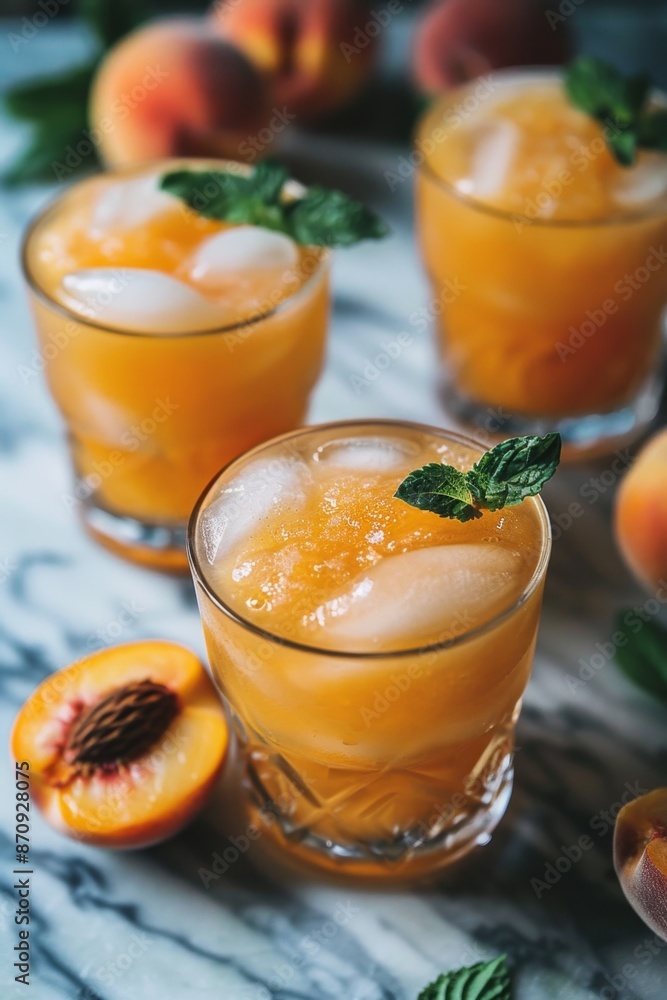 Fototapeta premium Peach Moonshine. Peach iced tea with ice cubes in a glass on a wooden table.