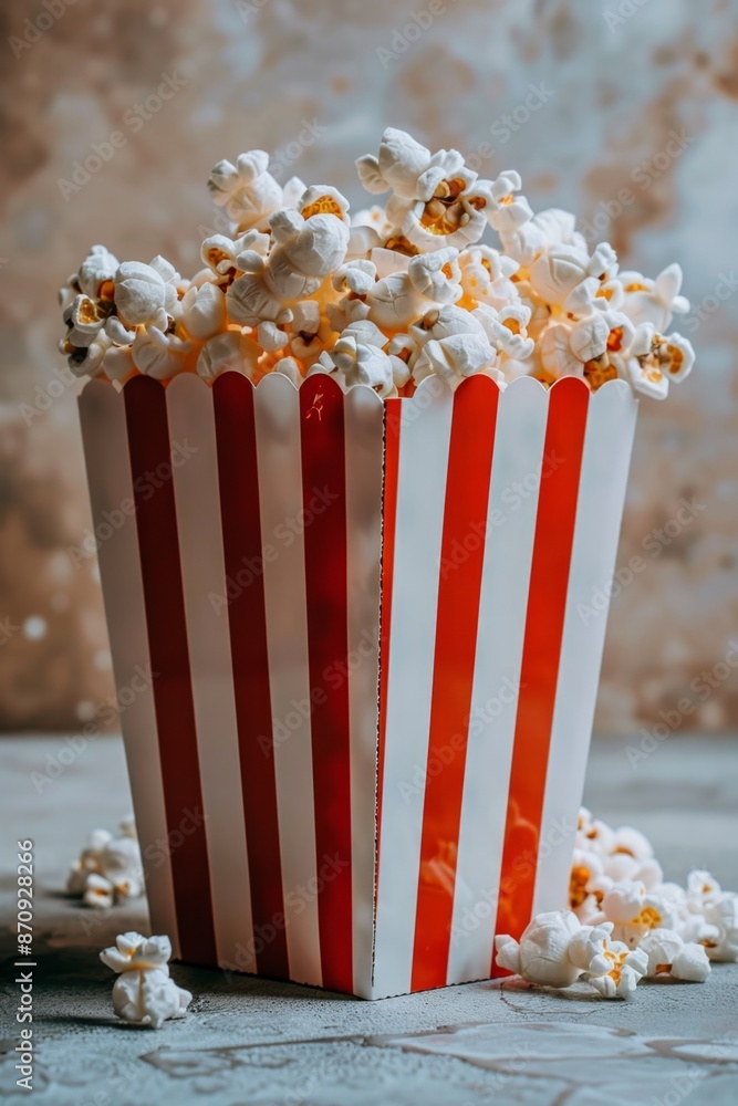 Popcorn overflowing from a red and white striped box on a light background. Popcorn overflowing from a red and white striped box on a light background.