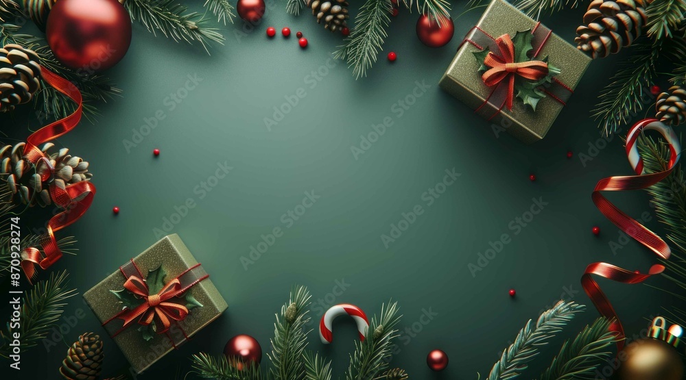 Festive Christmas Decorations and Gift Box on Dark Green Background with Holly Berries, Pine Cones, and Candy Cane Festive Christmas Decorations and Gift Box on Dark Green Background with Holly Berries, Pine Cones, and Candy Cane