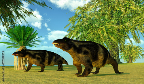 Jonkeria Dinocephalians Animal - Jonkeria truculenta was an omnivorous therapsid animal that lived in South Africa during the Permian Period. photo