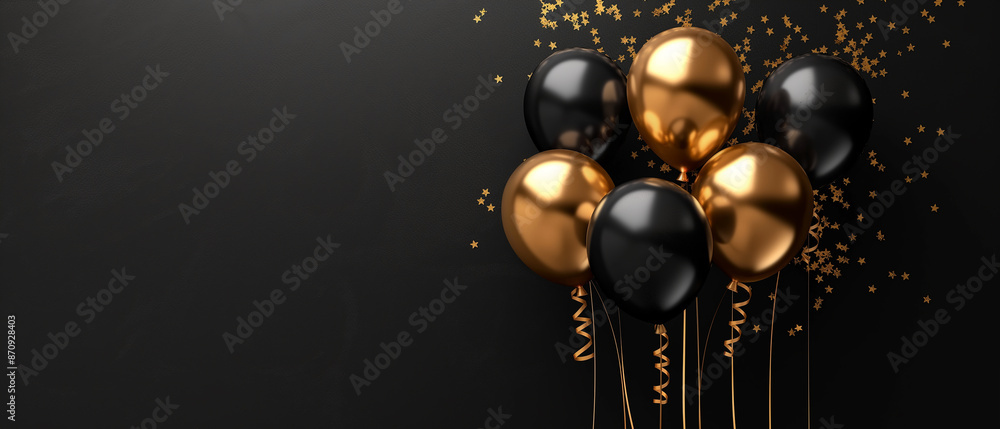 Black and golden balloons on black background with black friday concept, space for text Black and golden balloons on black background with black friday concept, space for text