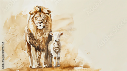 Lion of Judah and Lamb - Symbolic Watercolor Art of Peace and Strength
