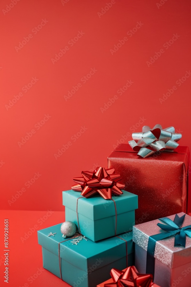 Obraz premium Pile of gift boxes with ribbons on red background. Studio shot for Christmas celebration