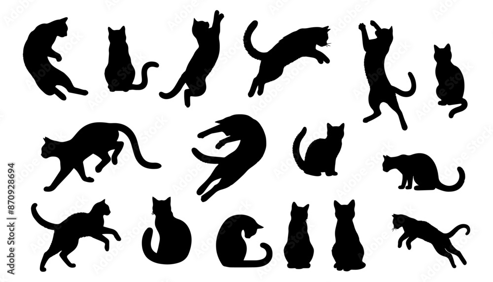 Obraz premium Vector illustration. Silhouettes of black cats. Set of animal stickers. Large set. 