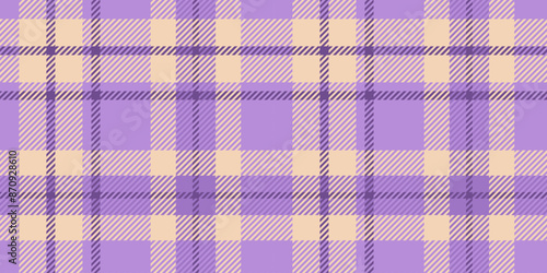 Seamless tartan motif in purple and lavender tones with light yellow accents. The plaid design includes intersecting lines and squares, resulting in a timeless and elegant fabric appearance