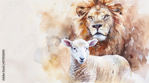 Lion of Judah and Lamb - Symbolic Watercolor Art of Peace and Strength
