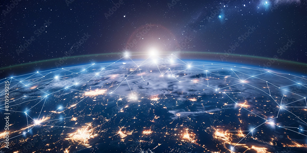 The Earth is seen from space, surrounded glowing blue and white connections representing the global network with technology The Earth is seen from space, surrounded glowing blue and white connections representing the global network with technology