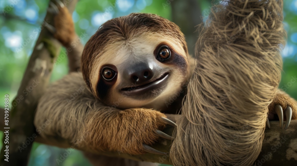 Fototapeta premium Smiling Sloth Hanging from Tree Branch in Lush Forest. World Animal Day