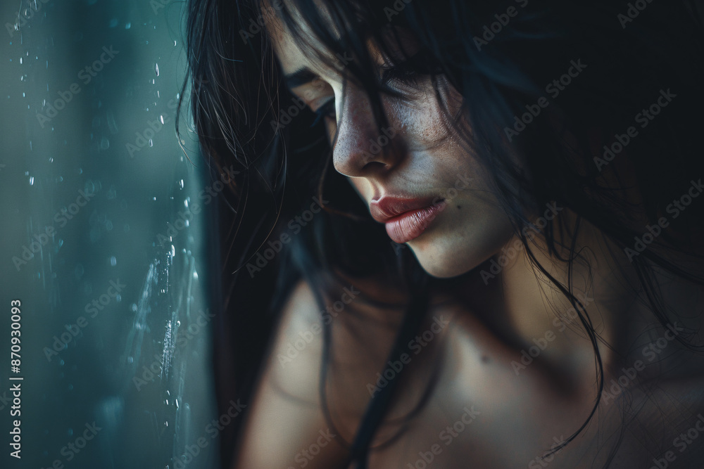 Trauma and depression concept, a woman looking down while suffering from emotional pain Trauma and depression concept, a woman looking down while suffering from emotional pain