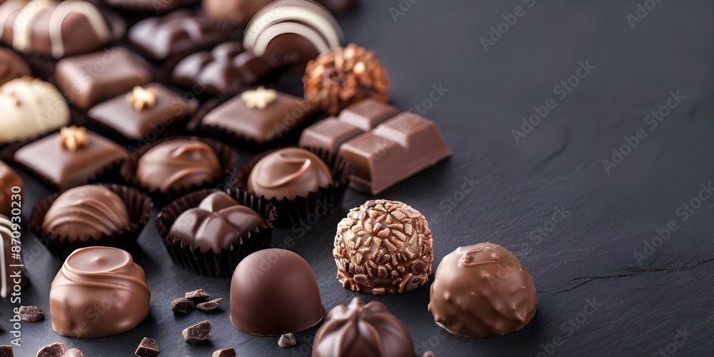 Assortment of gourmet chocolates displayed on dark background for World Chocolate Day. Concept World Chocolate Day, Gourmet Chocolates, Dark Background, Tempting Display, Delicious Treats Assortment of gourmet chocolates displayed on dark background for World Chocolate Day. Concept World Chocolate Day, Gourmet Chocolates, Dark Background, Tempting Display, Delicious Treats