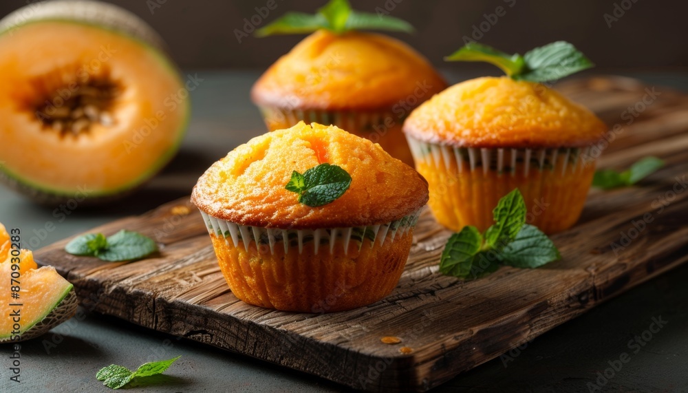 Homemade Cantaloupe Muffins on Rustic Table Homemade Cantaloupe Muffins on Rustic Table