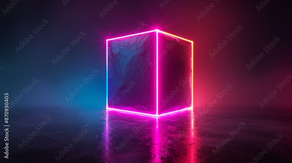 A glowing cube with pink and blue neon lights in a dark and smoky environment. The cube is reflected on a wet surface. A glowing cube with pink and blue neon lights in a dark and smoky environment. The cube is reflected on a wet surface.
