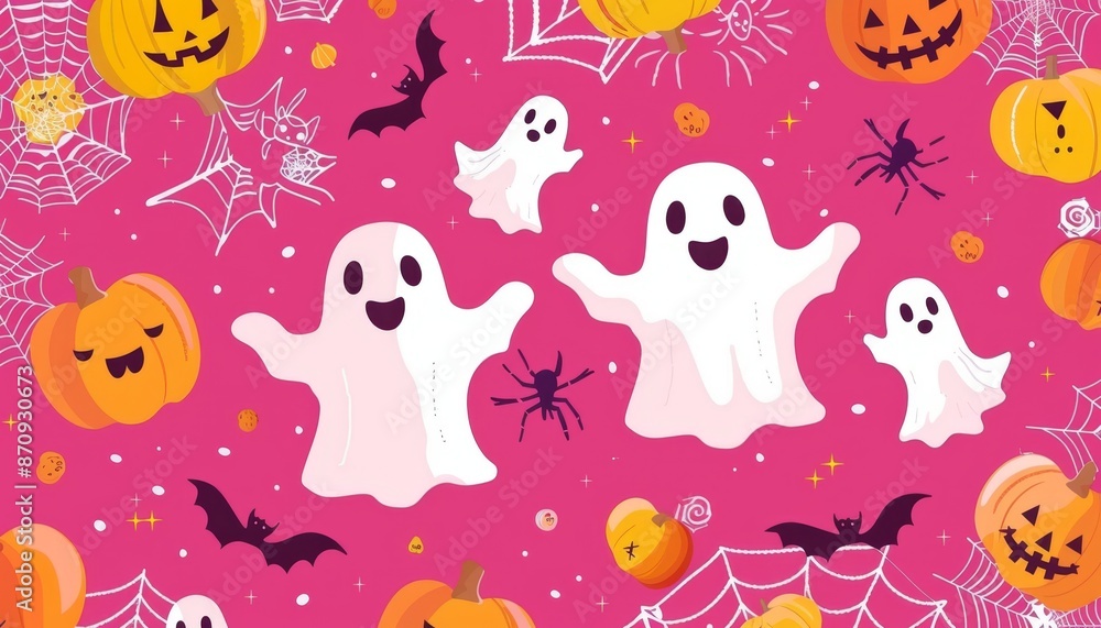 Halloween Festive Display with Ghosts and Pumpkins on Pink Background Halloween Festive Display with Ghosts and Pumpkins on Pink Background
