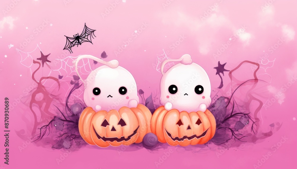 Cute Ghosts in Pumpkins on Pink Halloween Background Cute Ghosts in Pumpkins on Pink Halloween Background