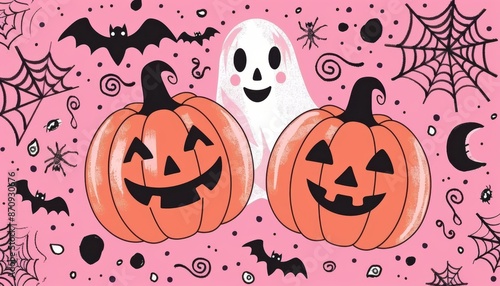 Cute Ghosts in Pumpkins on Pink Halloween Background