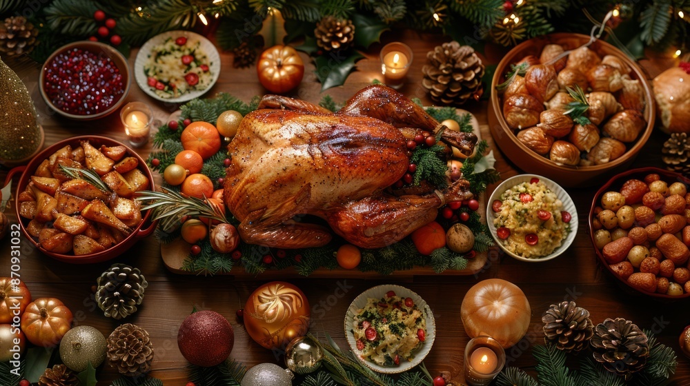 On the table is a beautifully roasted turkey, golden brown and glistening with savory juices, surrounded by an array of traditional side dishes and garnishes On the table is a beautifully roasted turkey, golden brown and glistening with savory juices, surrounded by an array of traditional side dishes and garnishes