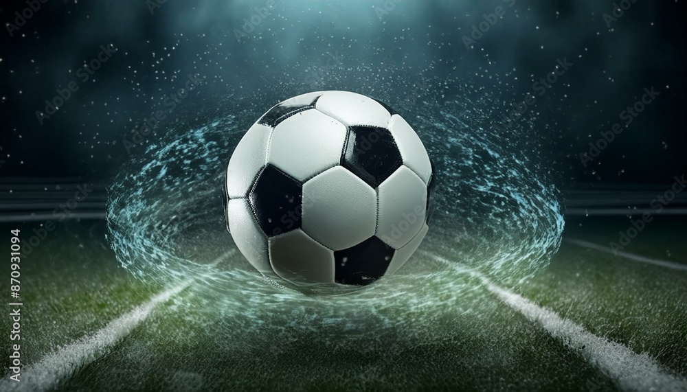 Naklejka premium Soccer Ball Background or Wallpaper - Soccerball image for Header or Promotional purpose - Soccerball with Special Effects in the Field of a Stadium - Championship, League or Cup