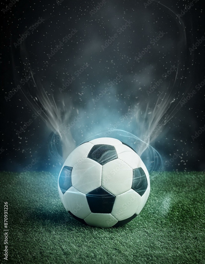 Naklejka premium Soccer Ball Background or Wallpaper - Soccerball image for Header or Promotional purpose - Soccerball with Special Effects in the Field of a Stadium - Championship, League or Cup