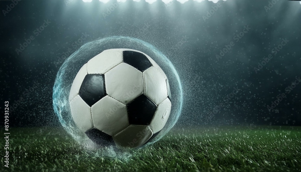 Fototapeta premium Soccer Ball Background or Wallpaper - Soccerball image for Header or Promotional purpose - Soccerball with Special Effects in the Field of a Stadium - Championship, League or Cup