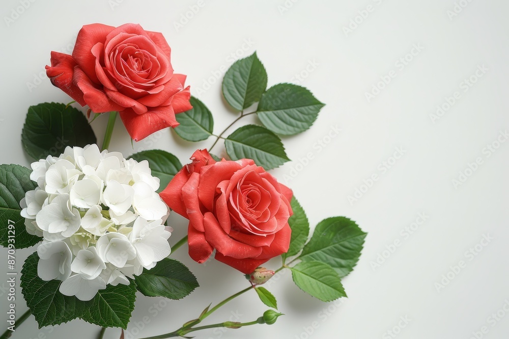Elegant arrangement of red roses and white hydrangeas on a light background. Elegant arrangement of red roses and white hydrangeas on a light background.