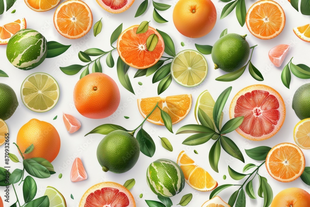Vibrant assortment of citrus fruits with leaves on a white background Vibrant assortment of citrus fruits with leaves on a white background