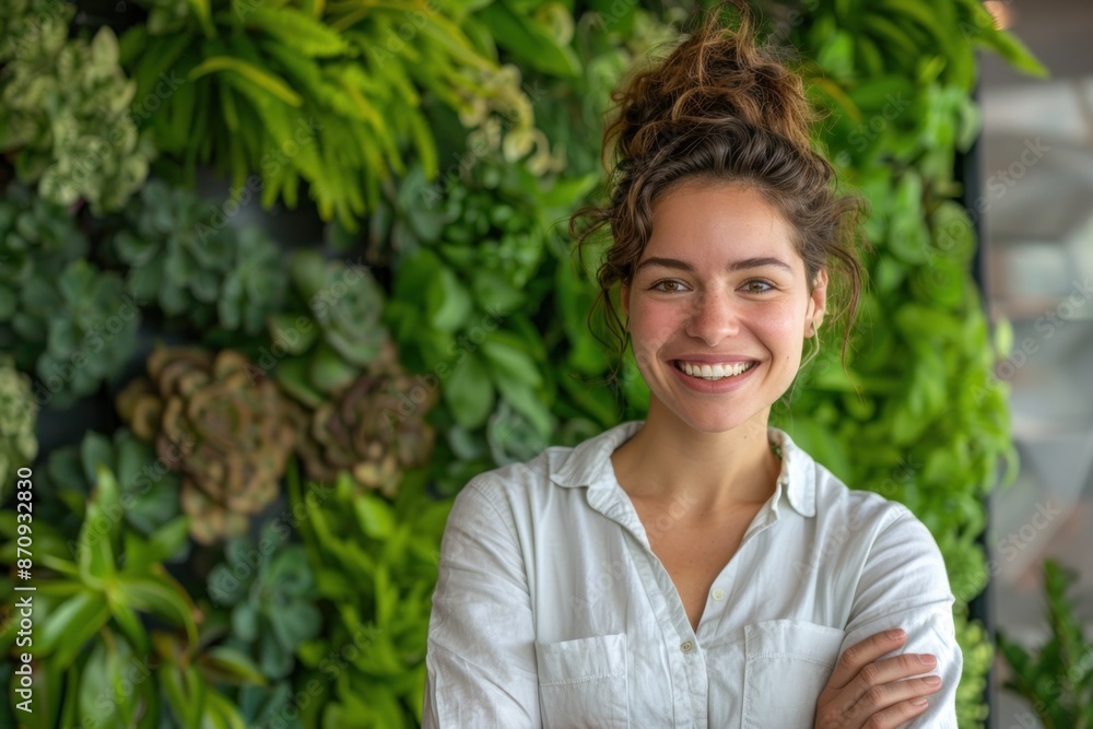 woman smiling with crossed arms, in front of a dynamic green wall. ai generative woman smiling with crossed arms, in front of a dynamic green wall. ai generative