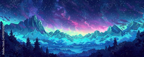 A surreal night sky over a majestic mountain range, glowing with vibrant colors and stars, creating a mesmerizing cosmic landscape. photo