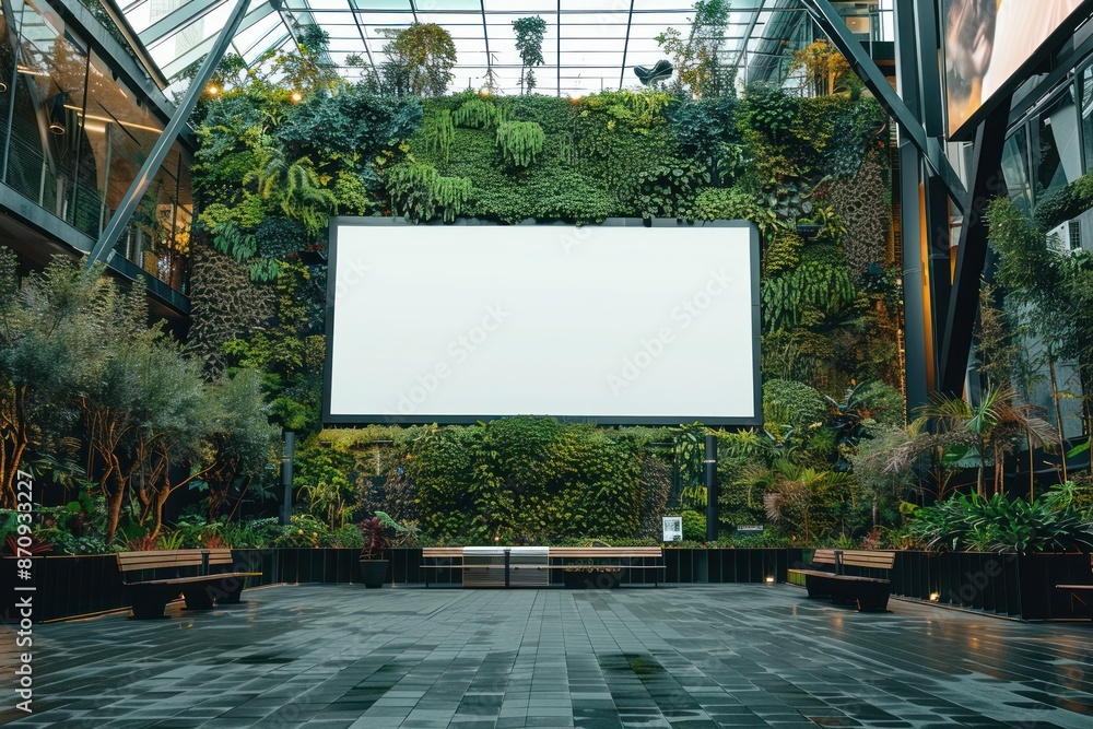 Public shopping center an empty blank white mockup signboard for advertisements with green leaves. ai generative Public shopping center an empty blank white mockup signboard for advertisements with green leaves. ai generative