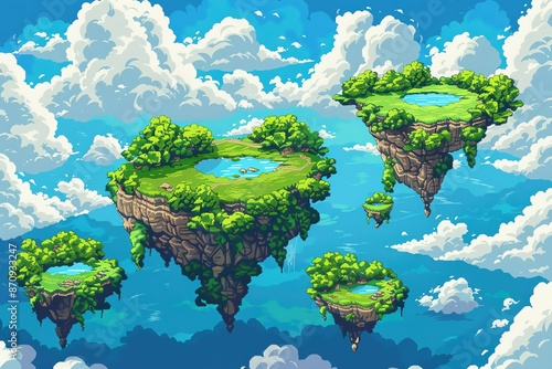 Fantasy landscape with floating islands, lush greenery, and vibrant blue skies perfect for imaginative and creative projects. photo