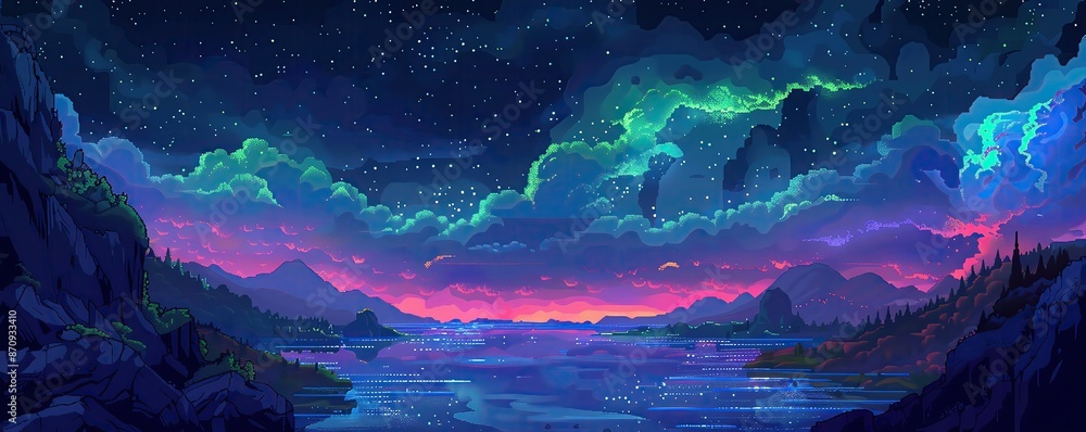 Stunning digital artwork of a mystical landscape featuring a night sky with northern lights over a tranquil lake surrounded by mountains. Stunning digital artwork of a mystical landscape featuring a night sky with northern lights over a tranquil lake surrounded by mountains.