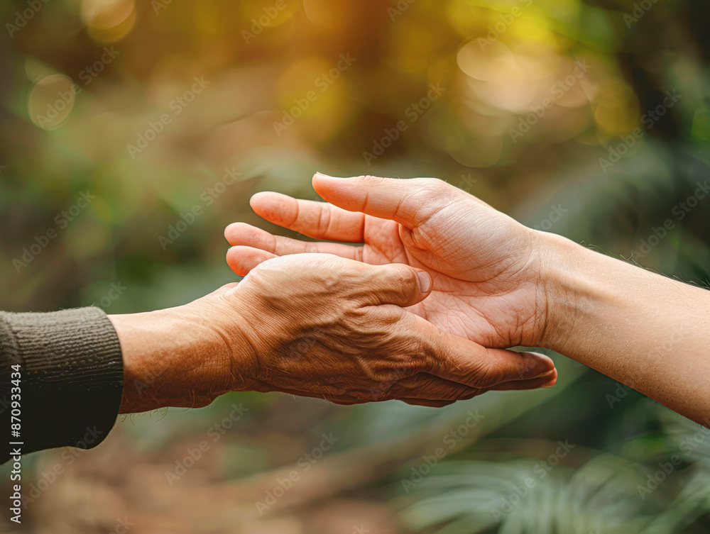 Two hands clasping together in a forest setting Two hands clasping together in a forest setting