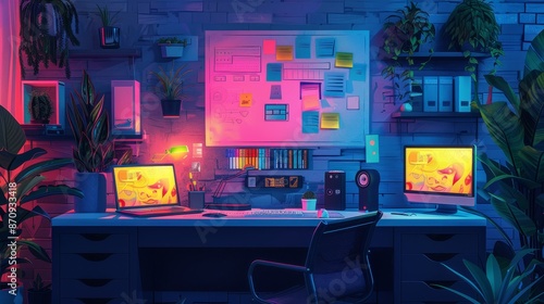A vibrant, neon-lit workspace with two computers, plants, and a large whiteboard covered in colorful notes.