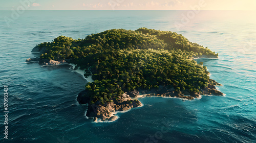 Looking down at an island in the middle of the ocean