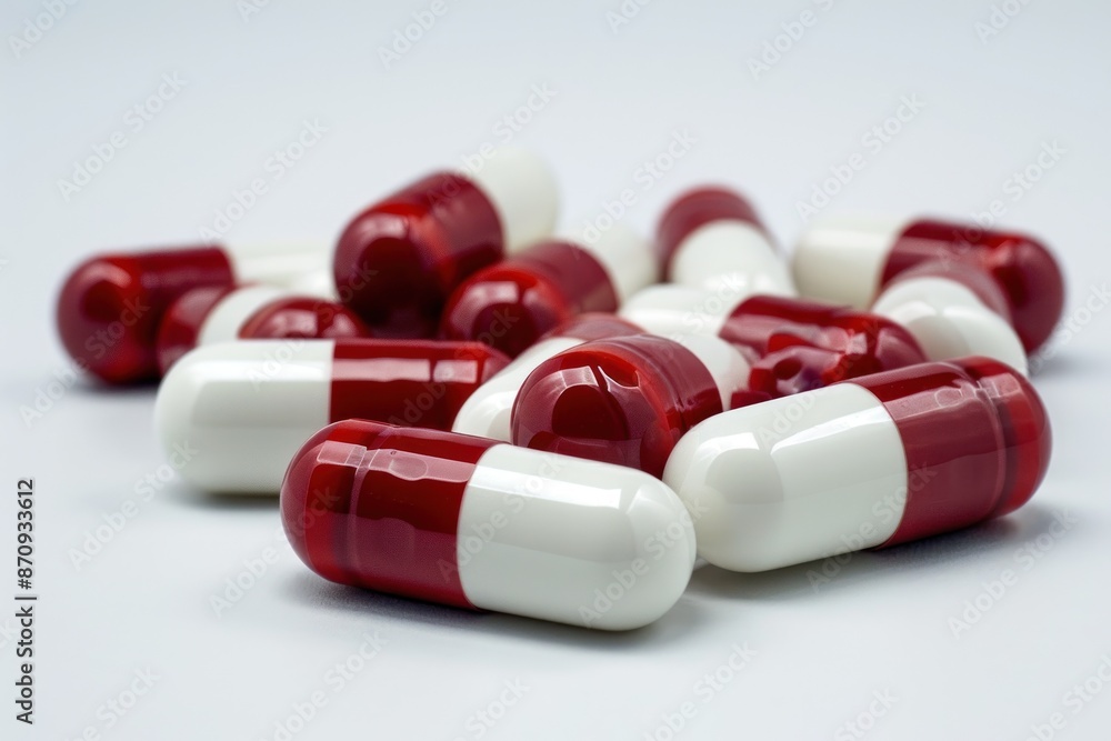 red and white antibiotic capsule pills on white background. ai generative red and white antibiotic capsule pills on white background. ai generative